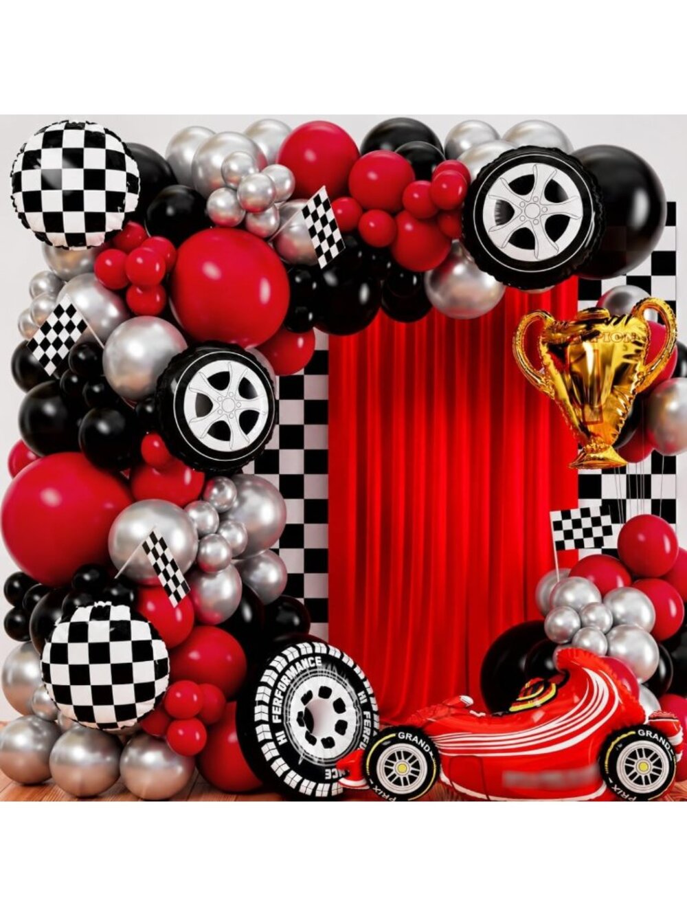 ALL-IN-1 Race Car Balloon Arch Kit with BONUS Trophy & RaceCar - Cars Balloon